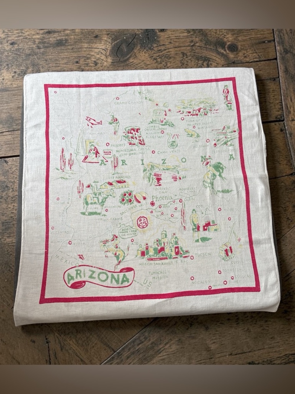 Vintage Arizona Map Tea Towel 1950s Southwest Tablecloth Cotton Retro Decor